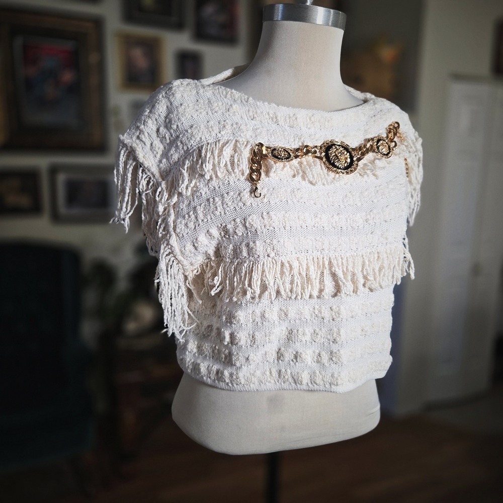 White Fringe‎ Chain Detail Cropped Sweater Cotton Rayon Top Women OS